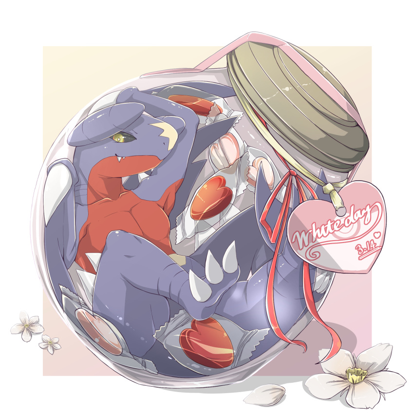 black_sclera bright_pupils candy_wrapper closed_mouth collarbone colored_sclera commentary_request dated fangs fangs_out flower garchomp glass highres in_container kakiikada looking_at_viewer no_humans pink_ribbon pokemon pokemon_(creature) red_ribbon ribbon smile solo spikes white_day white_flower yellow_eyes