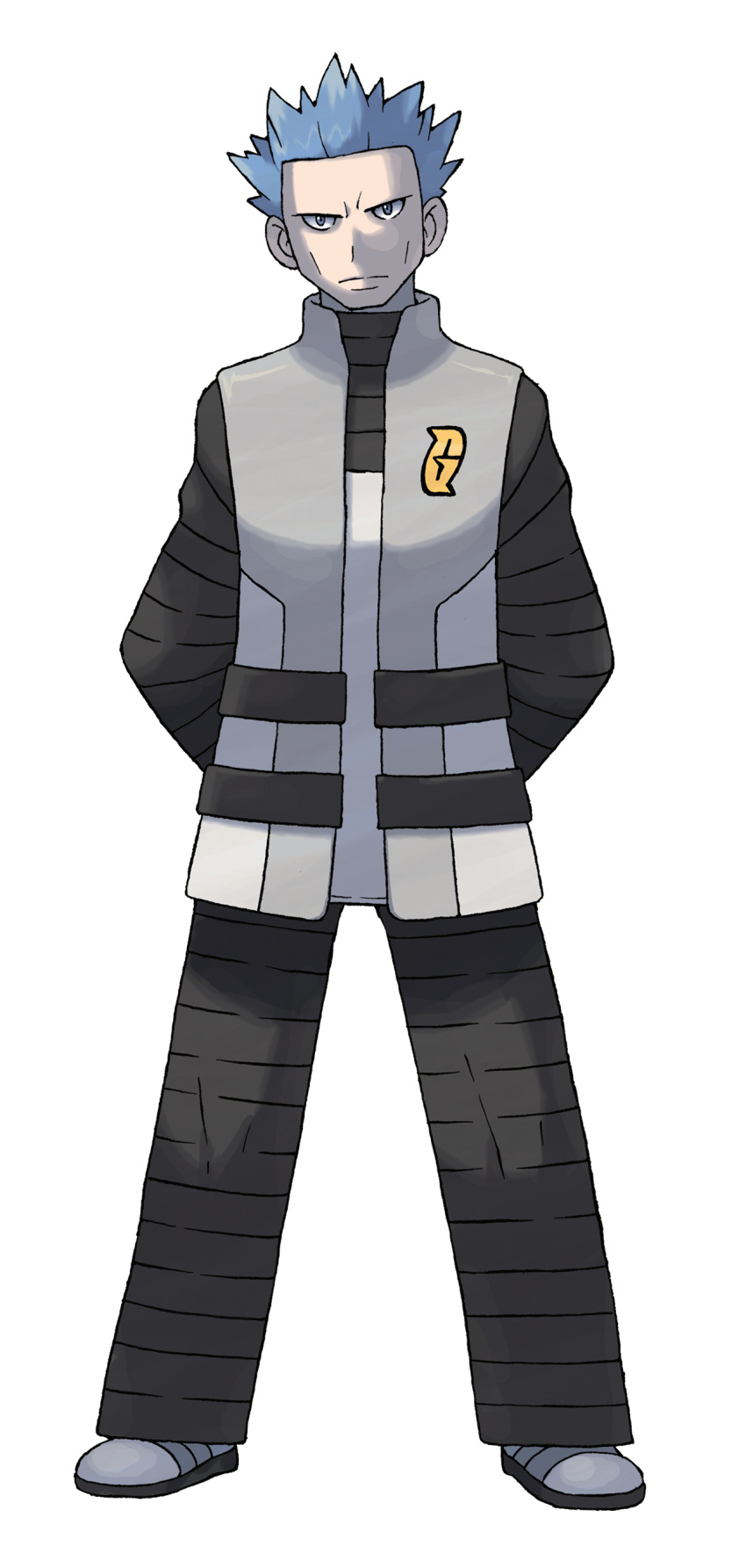 1boy absurdres arms_behind_back black_pants black_shirt blue_hair closed_mouth cyrus_(pokemon) frown full_body grey_footwear grey_vest highres legs_apart logo male_focus official_art open_clothes open_vest pants pokemon pokemon_(game) pokemon_dppt shirt shoes short_hair solo spiky_hair standing sugimori_ken team_galactic team_galactic_uniform transparent_background vest
