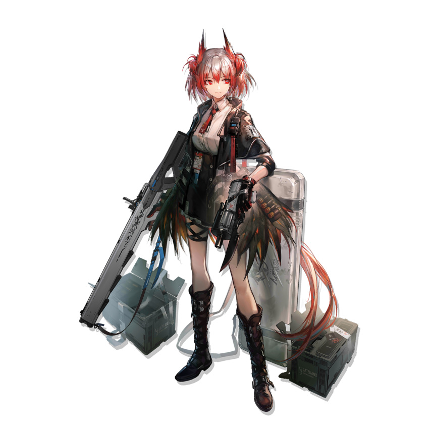 1girl arknights bangs black_footwear black_jacket black_skirt boots eyebrows_visible_through_hair fiammetta_(arknights) full_body gun highres holding holding_gun holding_weapon huanxiang_heitu jacket looking_to_the_side necktie official_art open_clothes open_jacket pointy_hair red_eyes red_necktie redhead shirt short_hair skirt solo standing transparent_background weapon white_shirt