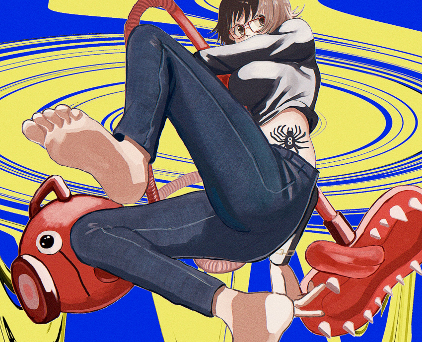 1girl barefoot black_hair black_shirt brown_eyes denim fighting glasses highres holding holding_weapon hunter_x_hunter jeans long_sleeves miko_hxh pants shirt shizuku_(hunter_x_hunter) short_hair solo spider_tattoo tattoo vacuum_cleaner weapon