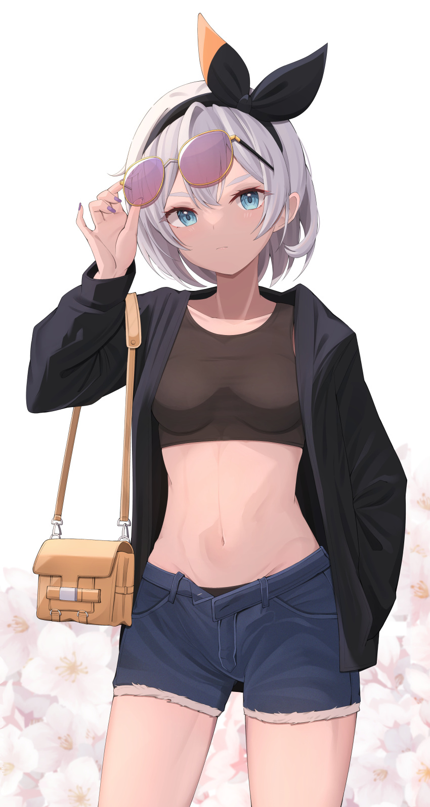 1girl absurdres alternate_costume bag bea_(pokemon) black_sweater blue_eyes bow breasts closed_mouth contemporary crop_top denim denim_shorts grey_hair hair_bow hand_in_pocket hand_on_eyewear handbag highres midriff navel open_fly pokemon pokemon_(game) pokemon_swsh purple_nails removing_eyewear short_hair short_shorts shorts small_breasts solo starfox1015 stomach sunglasses sweater tank_top