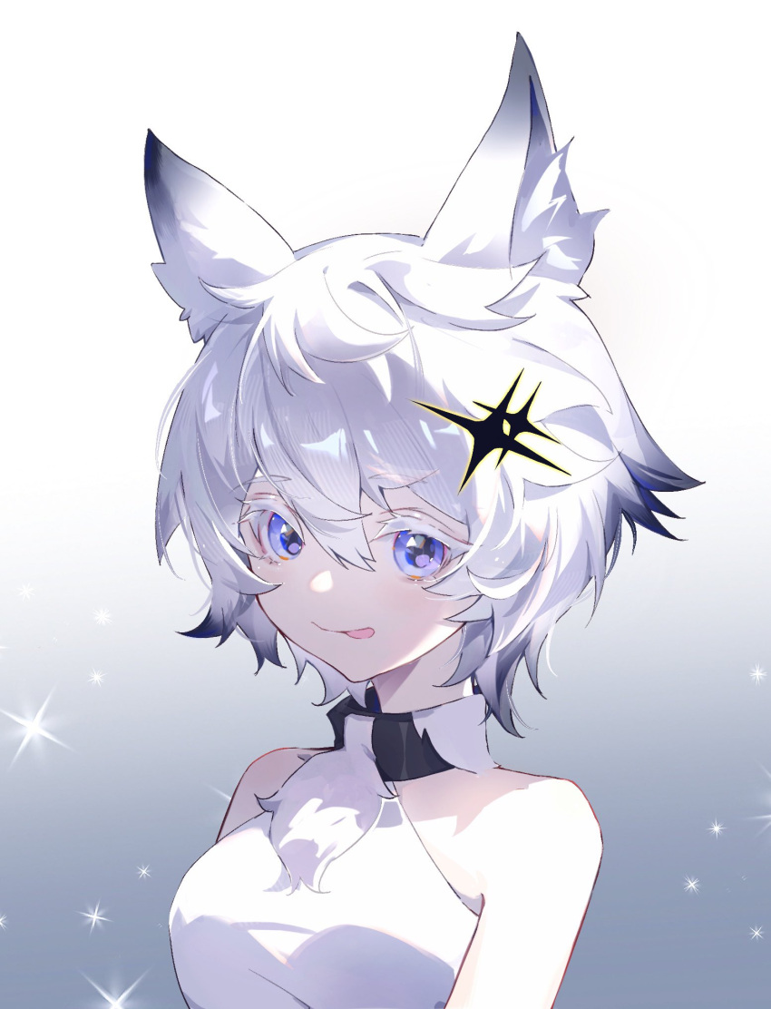1girl :p alchemy_stars animal_ear_fluff animal_ears bangs bare_shoulders blue_eyes breasts cat_ears collar colored_tips gradient gradient_background hair_between_eyes highres jyisheng looking_at_viewer medium_breasts multicolored_hair philyshy_(alchemy_stars) short_hair sleeveless smile solo tongue tongue_out upper_body white_hair