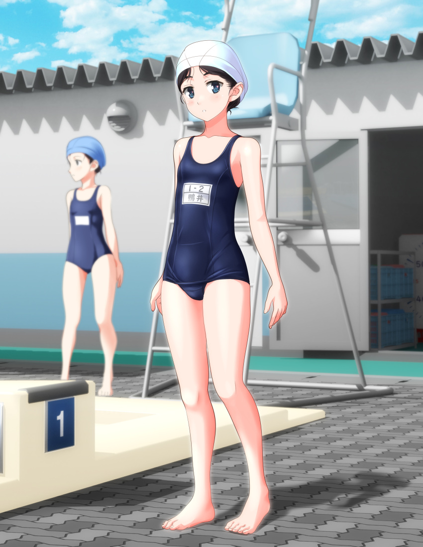 2girls absurdres barefoot black_hair blue_eyes blue_sky blurry breasts clouds commentary_request depth_of_field full_body highres lifeguard_chair looking_at_viewer multiple_girls namesake old_school_swimsuit original poolside school_swimsuit sky small_breasts solo_focus standing swim_cap swimsuit takafumi