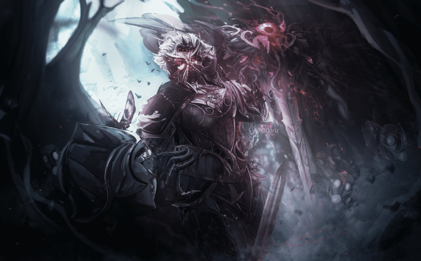 1boy 1girl armor black_cape black_pants breasts bug butterfly cape floriz_(xofloriz) grey_background grey_hair helmet highres holding holding_sword holding_weapon large_breasts league_of_legends looking_at_viewer mask mouth_mask pants renata_(league_of_legends) short_hair solo_focus sword twitter_username weapon