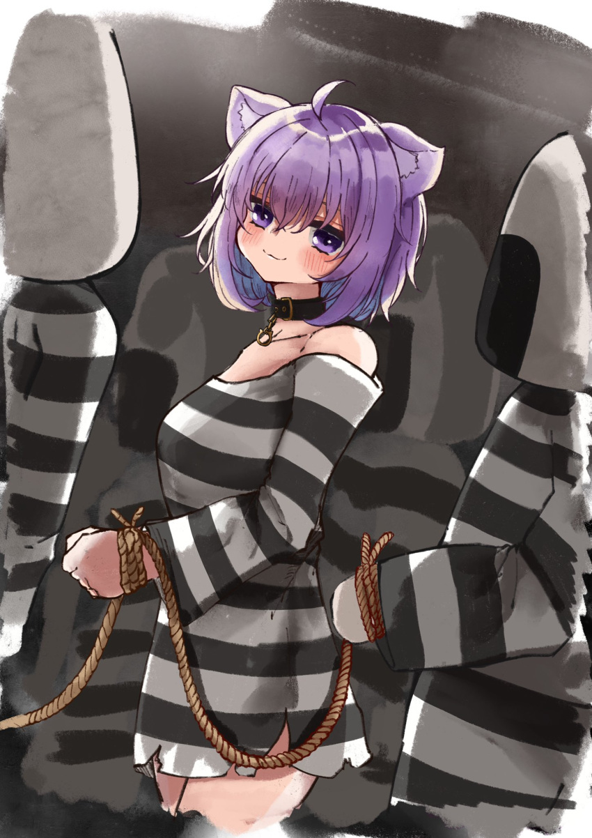 1girl 4others :3 ahoge animal_collar animal_ears bangs blush bound bound_wrists cat_ears cat_girl collar food hair_between_eyes highres hololive looking_at_viewer multicolored_clothes multiple_others nekomata_okayu onigiri onigirya_(nekomata_okayu) prison_clothes prisoner purple_hair rope short_hair smile solo_focus striped_clothes violet_eyes virtual_youtuber whcamellia00
