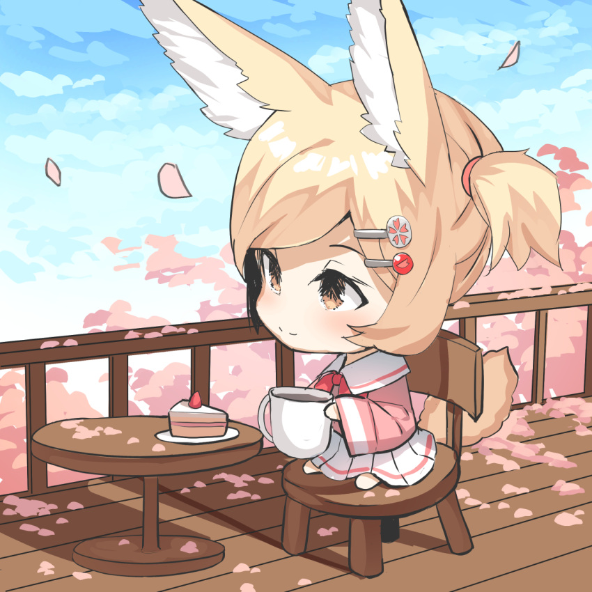 1girl animal_ear_fluff animal_ears bangs barefoot big_head blonde_hair blue_sky brown_eyes cake cake_slice chibi clouds cloudy_sky commentary_request cup day food fox_ears fox_girl fox_tail hair_ornament hairclip highres holding holding_cup long_sleeves original outdoors petals pink_shirt plate pleated_skirt shirt side_ponytail sitting skirt sky solo swept_bangs tail white_skirt wide_sleeves yuuji_(yukimimi)