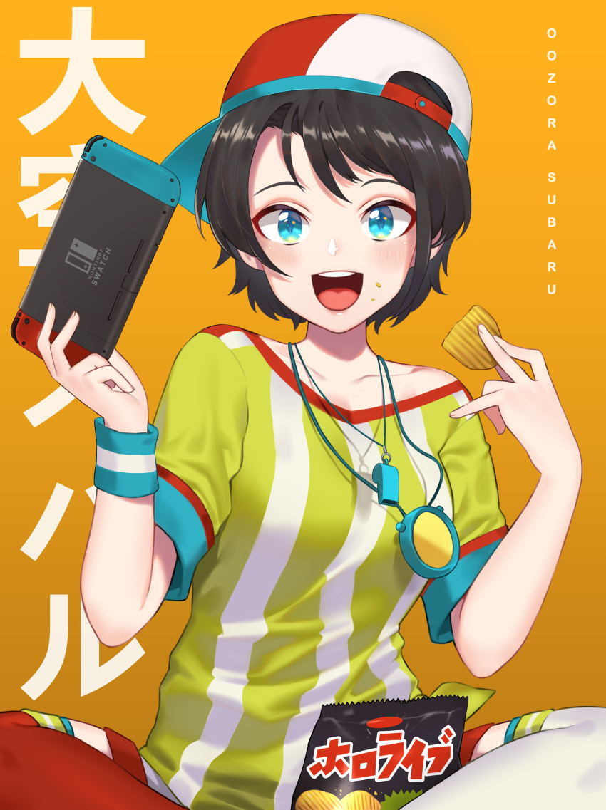 1girl :d absurdres asymmetrical_legwear bag_of_chips bangs baseball_cap blue_eyes breasts brown_hair character_name chips controller food hat highres holding holding_controller holding_food hololive looking_at_viewer medium_breasts mismatched_legwear nintendo_switch oozora_subaru open_mouth pavarit_songsomboon red_legwear shirt short_hair short_sleeves smile solo stopwatch virtual_youtuber watch whistle whistle_around_neck white_legwear yellow_background yellow_shirt