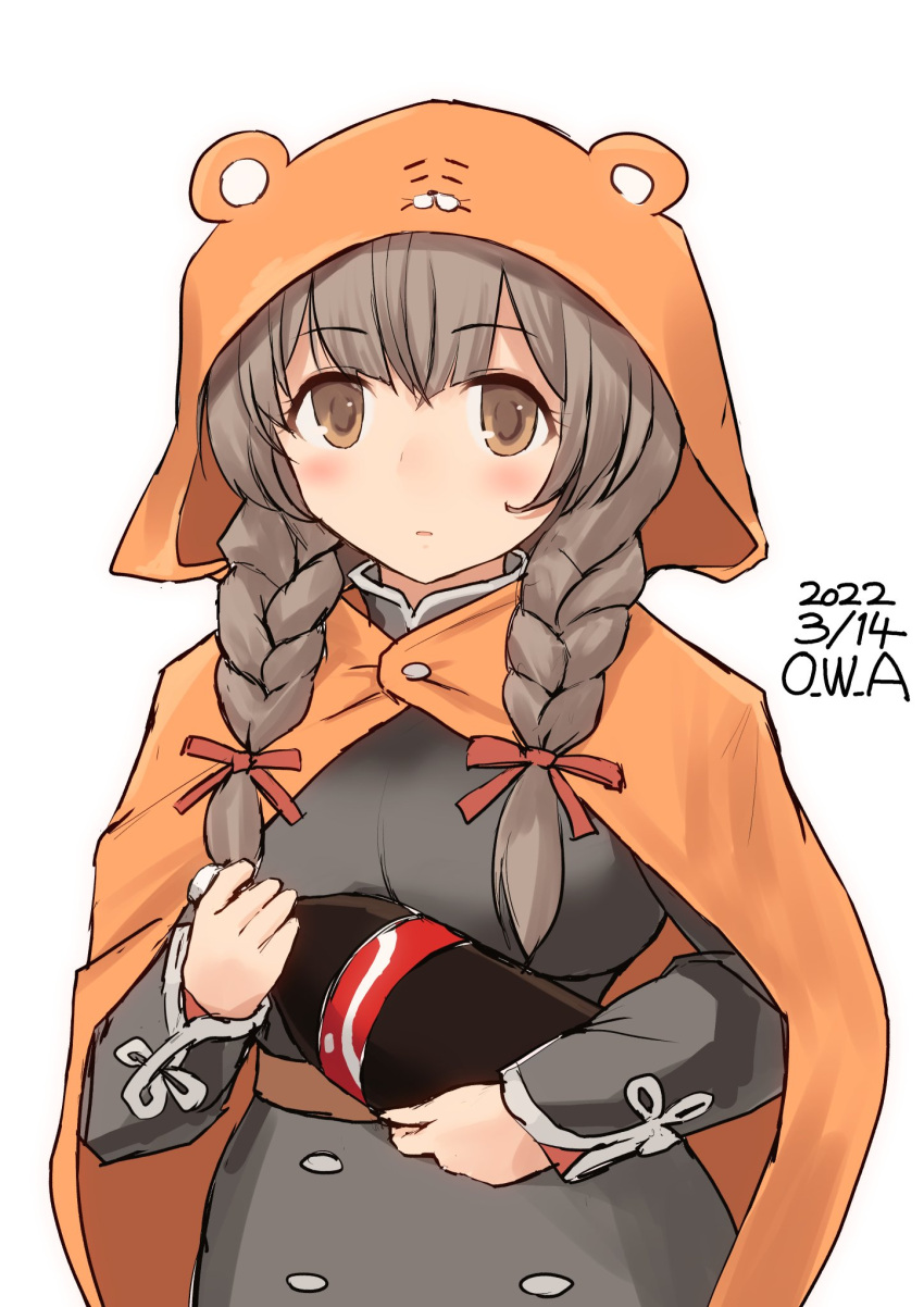 1girl artist_name bottle braid brown_dress brown_hair cola cosplay dated doma_umaru doma_umaru_(cosplay) dress hamster_hood highres himouto!_umaru-chan holding hood kantai_collection long_hair one-hour_drawing_challenge owa_(ishtail) pun shinshuu_maru_(kancolle) simple_background soda_bottle solo twin_braids upper_body white_background