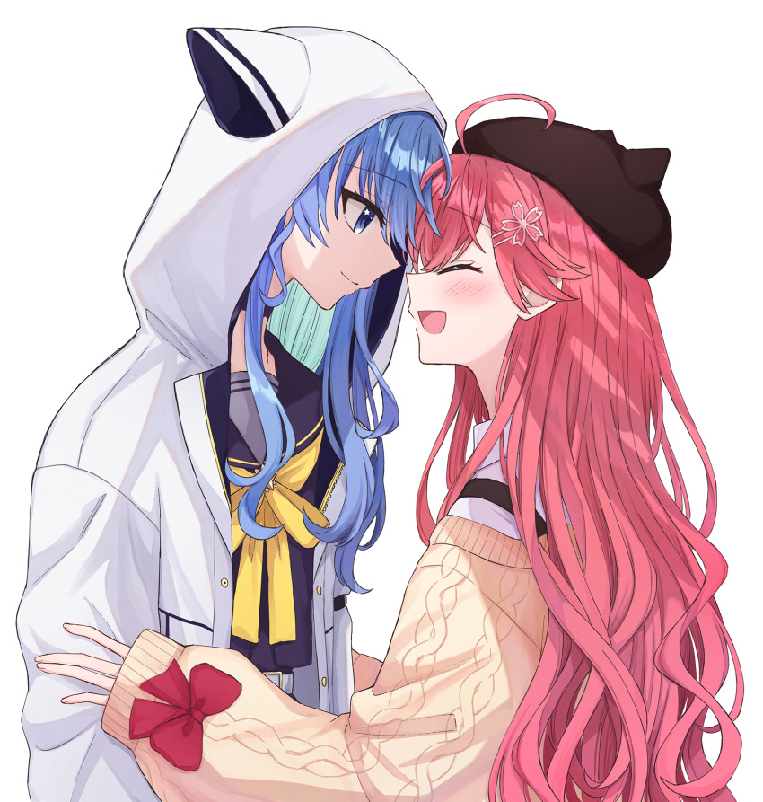 2girls ahoge black_headwear blush closed_eyes closed_mouth colored_inner_hair commentary face-to-face facing_another flower from_side hair_flower hair_ornament hand_on_another's_arm hat highres hololive hood hood_up hoodie hoshimachi_suisei long_hair looking_at_another multicolored_hair multiple_girls open_mouth pink_hair profile sakura_miko sallymomoaa smile sweater two-tone_hair upper_body virtual_youtuber wavy_hair white_background yellow_sweater yuri