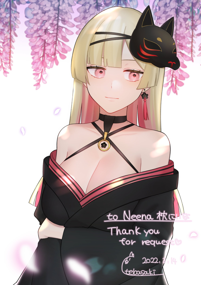 1girl absurdres arm_under_breasts artist_name bangs bare_shoulders black_choker black_kimono blonde_hair blunt_bangs breasts character_name choker collarbone commentary_request commission dated earrings english_text fox_mask gradient_hair highres japanese_clothes jewelry kimono large_breasts light_smile long_hair long_sleeves makurano_neena mask mask_on_head multicolored_hair off-shoulder_kimono petals pink_eyes pink_hair production_kawaii simple_background single_earring skeb_commission solo tassel tassel_earrings tbsk_art thank_you virtual_youtuber white_background wide_sleeves
