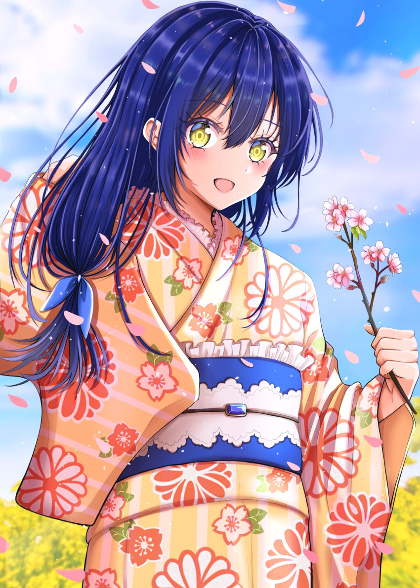 1girl bangs birthday blue_hair blue_sky blush clouds cloudy_sky commentary eyebrows_visible_through_hair field floral_print flower flower_field highres holding holding_flower japanese_clothes kimono long_hair looking_at_viewer love_live! love_live!_school_idol_project low_ponytail meimaru petals sidelocks sky smile sonoda_umi yellow_eyes yukata