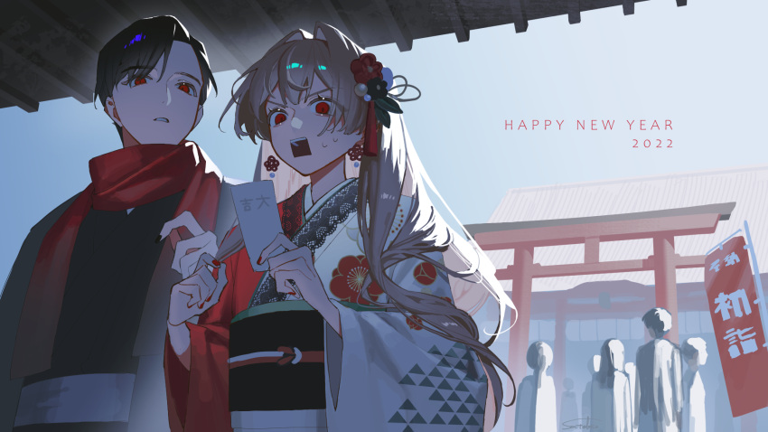 1boy 1girl akeome black_hair earrings eyebrows_visible_through_hair flower hair_between_eyes hair_flower hair_ornament happy_new_year highres japanese_clothes jewelry kimono long_hair long_sleeves new_year night_miya open_mouth original red_eyes red_nails red_scarf scarf sky surprised wide_sleeves