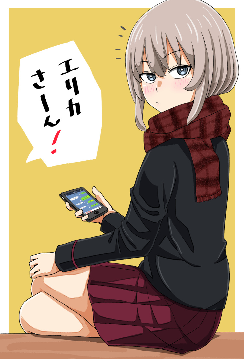 1girl bangs black_jacket blue_eyes blush cellphone closed_mouth commentary crossed_legs enpera eyebrows_visible_through_hair from_side girls_und_panzer hand_on_own_knee highres holding holding_phone itsumi_erika jacket kuromorimine_military_uniform light_frown long_sleeves looking_at_viewer medium_hair military military_uniform miniskirt natsume_mina notice_lines phone plaid plaid_scarf pleated_skirt red_scarf red_skirt scarf silver_hair sitting skirt smartphone solo translated uniform