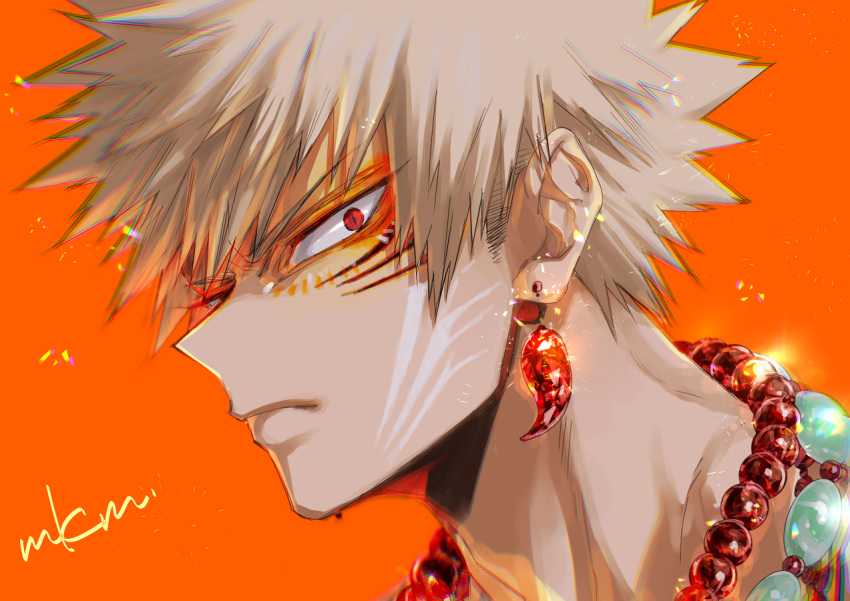 1boy bakugou_katsuki bead_necklace beads blonde_hair boku_no_hero_academia closed_mouth earrings facial_mark glowing jewelry male_focus mkm_(mkm_storage) necklace orange_background red_eyes signature simple_background sparkle spiky_hair