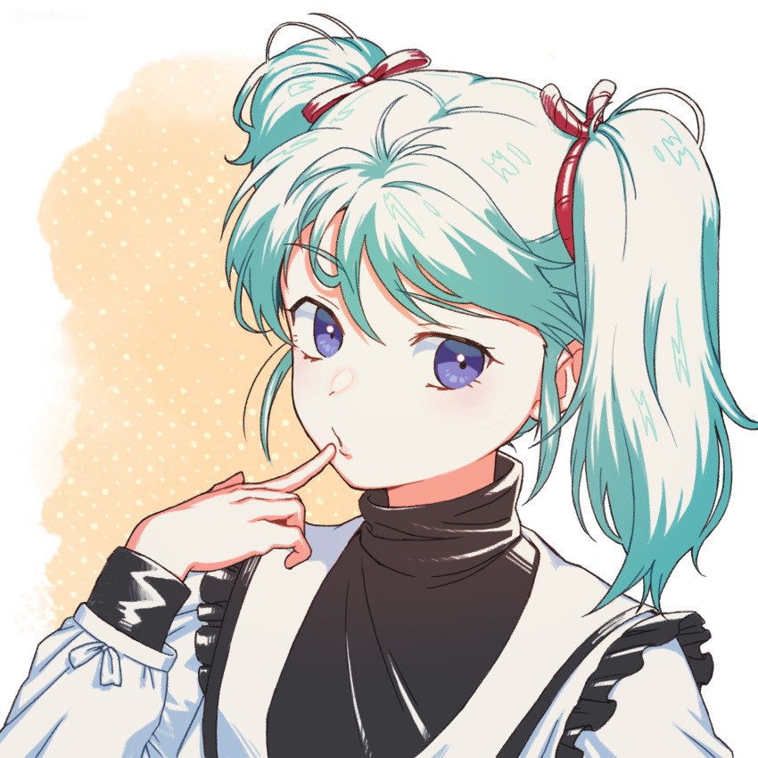 100/momo 1girl absurdres bangs black_sweater blue_hair char's_counterattack eyebrows_visible_through_hair finger_to_mouth gundam hair_behind_ear highres looking_to_the_side medium_hair puckered_lips quess_paraya solo sweater turtleneck twintails uneven_twintails violet_eyes