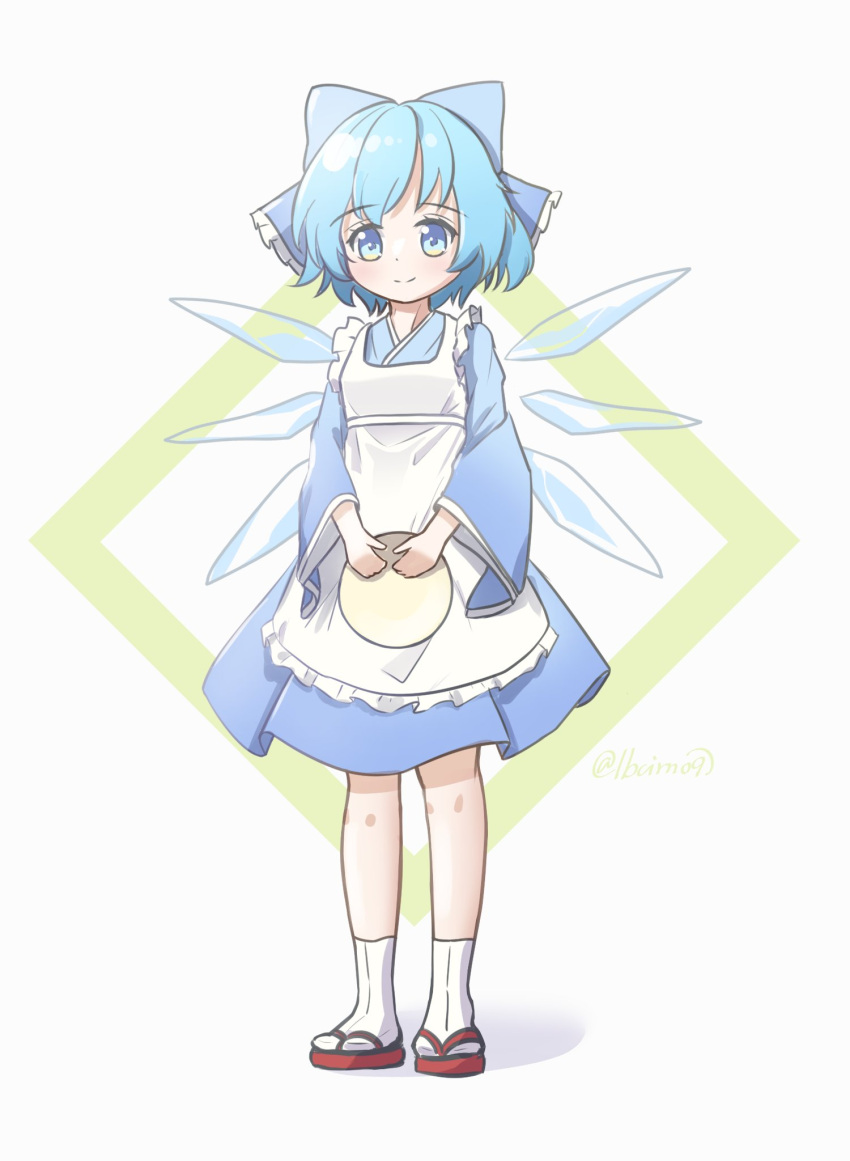 1girl apron bangs blue_bow blue_dress blue_eyes blue_hair bow cirno closed_mouth dress eyebrows_visible_through_hair full_body hair_bow highres holding holding_tray ice ice_wings lbcirno9 long_sleeves looking_at_viewer maid red_footwear sandals short_hair smile socks solo standing touhou tray white_apron white_background white_legwear wings