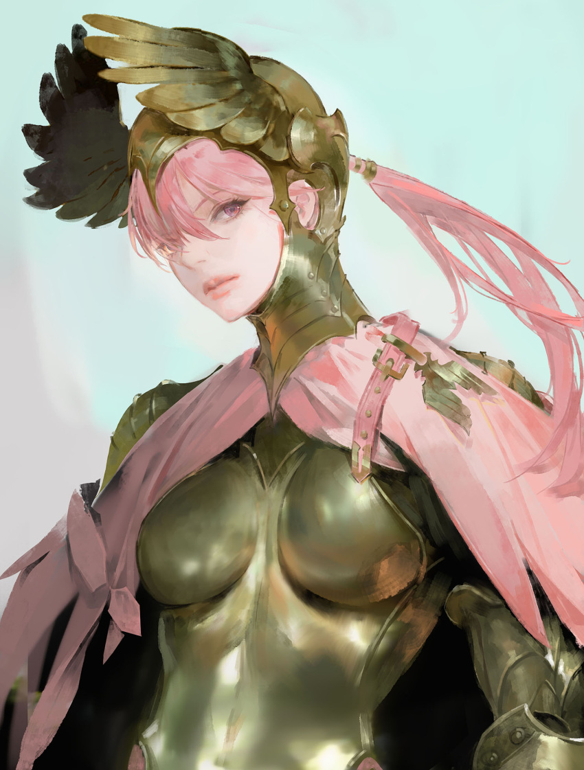 1girl armor bangs breastplate cape copyright_request grey_background helmet highres long_hair looking_at_viewer onacia pink_eyes ponytail shiny shoulder_armor simple_background solo upper_body