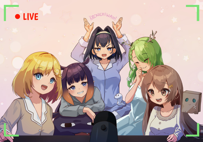 5girls :d absurdres alternate_costume antlers arms_up bangs black_hair blonde_hair blue_eyes boros_(ouro_kronii) braid brown_eyes brown_hair casual ceres_fauna closed_eyes commentary earrings english_commentary eyebrows_visible_through_hair eyes_visible_through_hair friend_(nanashi_mumei) green_hair grin hair_between_eyes hair_intakes hair_ornament hair_over_one_eye hairband hairclip highres hololive hololive_english jewelry livestream long_hair long_sleeves looking_at_viewer medium_hair microphone monocle_hair_ornament multiple_girls nanashi_mumei ninomae_ina'nis nya_yuika open_mouth ouro_kronii pointy_ears purple_hair romaji_text short_hair side_braid smile stud_earrings tako_(ninomae_ina'nis) v-shaped_eyebrows viewfinder virtual_youtuber watson_amelia