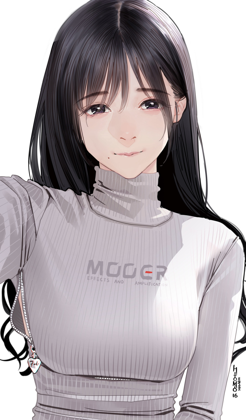 1girl absurdres artist_name bangs black_eyes black_hair blush breasts closed_mouth clothes_writing commentary_request eyelashes grey_sweater guitar_little_sister_(hitomi_o) highres hitomi_o long_hair long_sleeves looking_at_viewer medium_breasts mole mole_under_mouth original outstretched_arm reaching_out ribbed_sweater simple_background smile solo sweater turtleneck turtleneck_sweater unzipped upper_body white_background zipper zipper_pull_tab