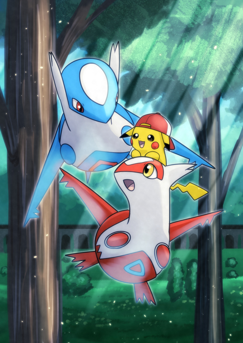 :d absurdres backwards_hat baseball_cap commentary_request flying grass hat hatoro_kuroyoshi hatted_pokemon highres latias latios light_rays no_humans open_mouth pikachu pokemon pokemon_(creature) red_eyes red_headwear smile tongue tree yellow_eyes