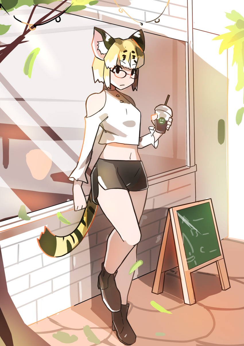 1girl absurdres animal_ears bare_legs boots cat_ears cat_tail chalkboard cup drinking_straw eyebrows_visible_through_hair glasses high_heel_boots high_heels highres implied_extra_ears kemono_friends leaf leaves_in_wind looking_at_viewer margay_(kemono_friends) midriff outdoors shirt short_hair shorts solo tail tommyyu4000 white_shirt window