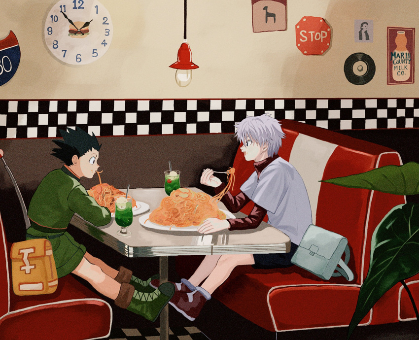 2boys bag black_hair child eating food highres hunter_x_hunter indoors layered_sleeves long_sleeves male_focus miko_hxh multiple_boys pasta restaurant short_over_long_sleeves short_sleeves sitting smile spaghetti spiky_hair white_hair