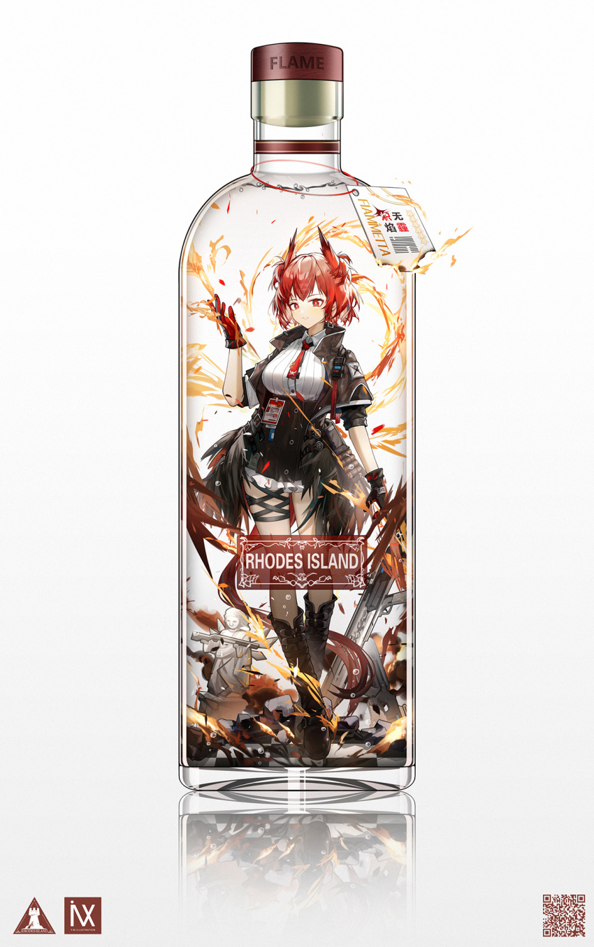 1girl arknights artist_logo boots bottle breasts burning character_name english_text feathers fiammetta_(arknights) fire full_body gloves gun hand_up highres in_bottle in_container jacket knee_boots necktie open_clothes open_jacket qr_code red_eyes red_gloves redhead reflection rubble short_hair short_sleeves solo standing statue thigh_strap weapon white_background yuuki_mix