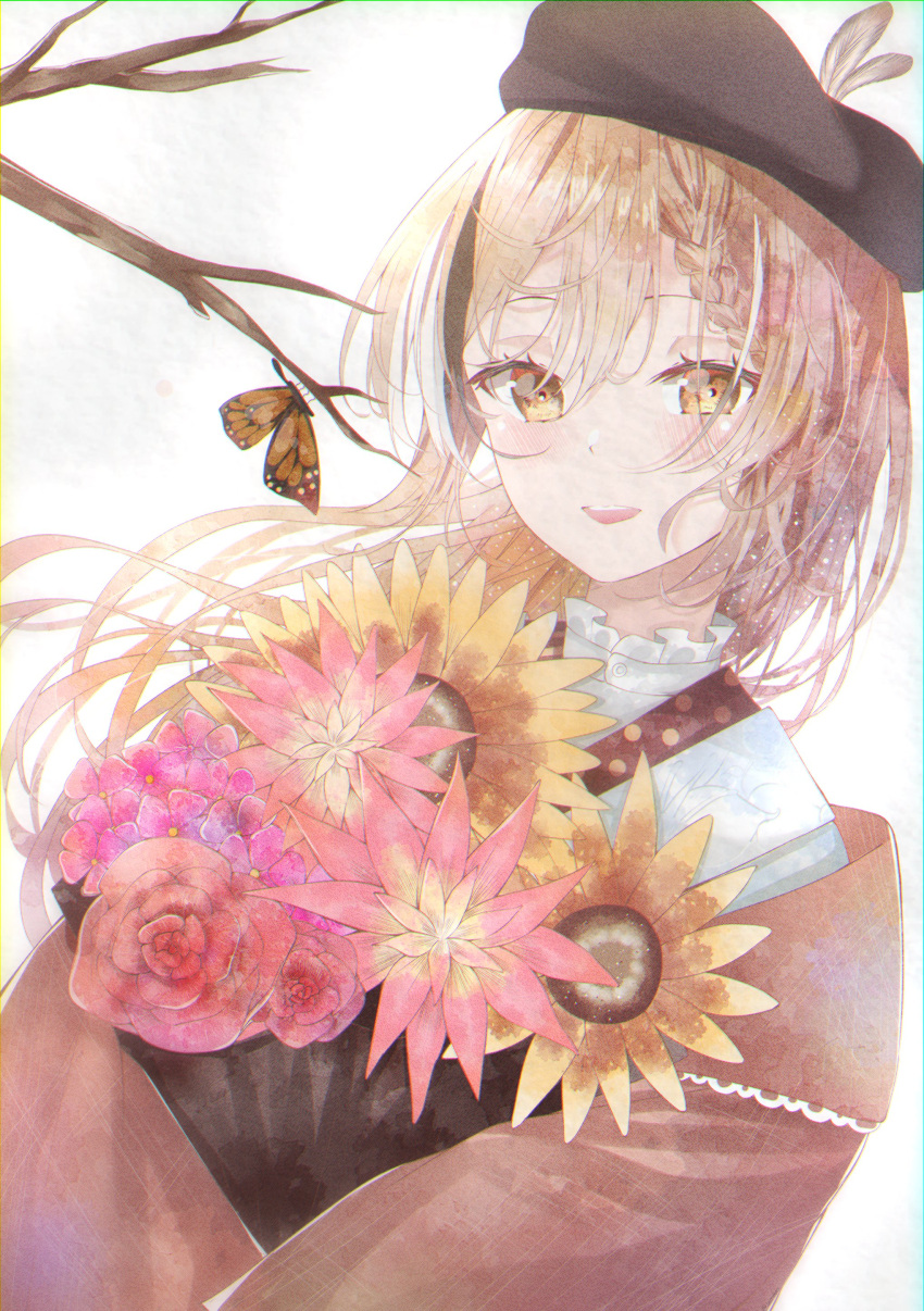 1girl :d absurdres bangs beret bonnu_uwu bouquet braid braided_bangs branch brown_eyes brown_hair bug butterfly feathers floral_print flower hat highres hololive hololive_english japanese_clothes kimono looking_at_viewer nanashi_mumei official_alternate_costume print_kimono red_shawl rose smile solo sunflower virtual_youtuber white_kimono