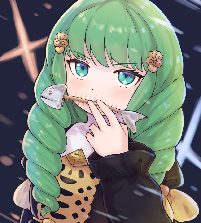 1girl blush drill_hair eating fire_emblem fire_emblem:_three_houses fish fish_skeleton flayn_(fire_emblem) garreg_mach_monastery_uniform green_eyes green_hair highres holding kutabireta_neko long_hair long_sleeves looking_at_viewer simple_background solo star_(symbol) turtleneck twin_drills twintails uniform upper_body v-shaped_eyebrows