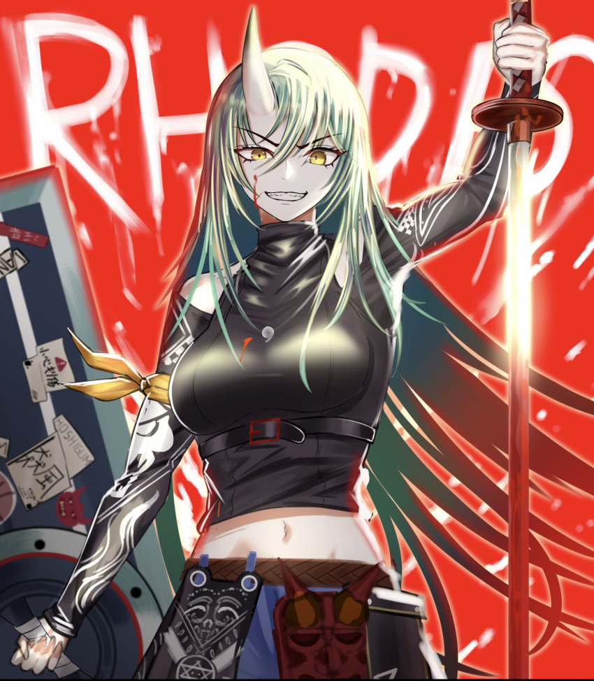 1girl :d arknights arm_ribbon background_text bangs bare_shoulders black_hirt blood blood_on_face breasts brown_eyes clothing_cutout cowboy_shot eyebrows_visible_through_hair green_hair highres holding holding_shield holding_sword holding_weapon horns hoshiguma_(arknights) hoshiguma_(patrolling_ronin)_(arknights) jewelry keita_(crest8103) large_breasts long_hair long_sleeves looking_at_viewer magatama magatama_necklace mask navel necklace official_alternate_costume oni_horns red_background ribbon shield shoulder_cutout skin-covered_horns smile solo sword teeth underbust v-shaped_eyebrows very_long_hair weapon yellow_ribbon