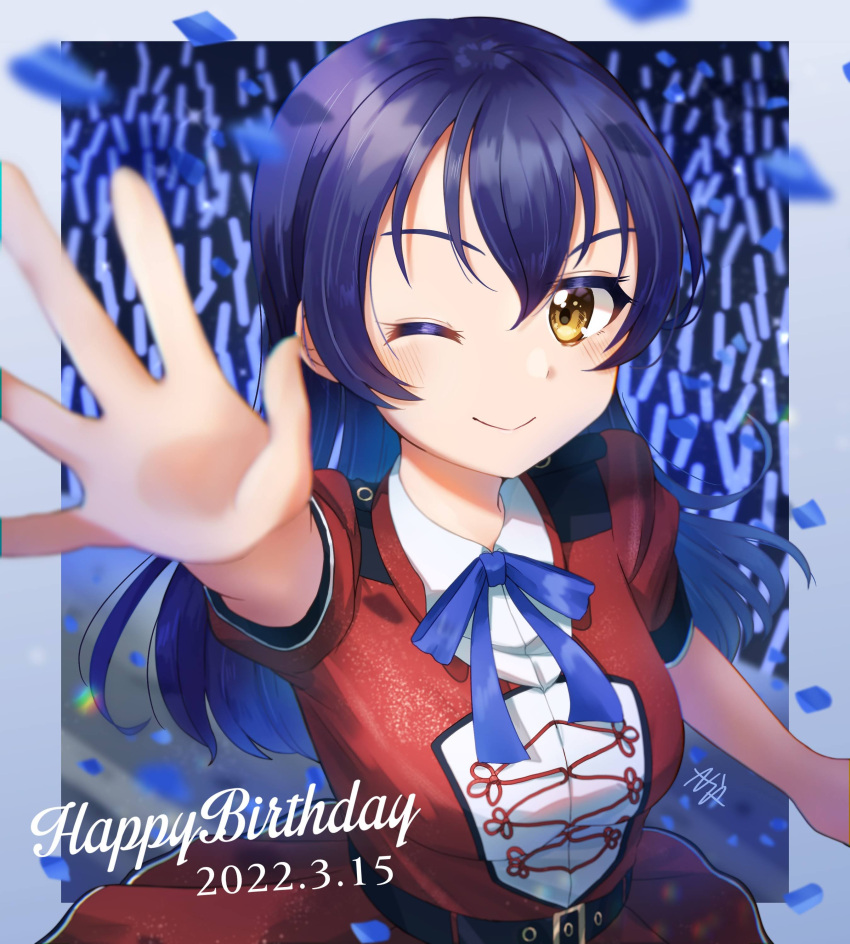 1girl absurdres bangs birthday blue_hair breasts commentary confetti dated english_text glowstick happy_birthday highres kyaku_tatsu long_hair looking_at_viewer love_live! love_live!_school_idol_project medium_breasts one_eye_closed reaching_out shiny shiny_hair signature solo sonoda_umi yellow_eyes