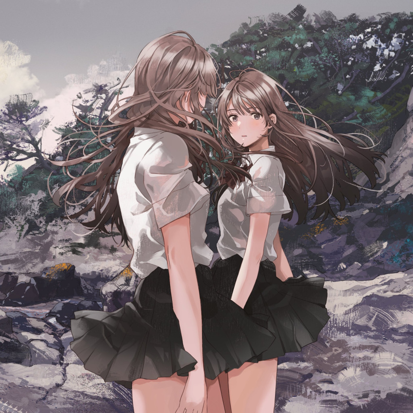 2girls bangs black_skirt blush brown_eyes brown_hair clouds cloudy_sky collared_shirt expressionless fly_(marguerite) highres long_hair looking_at_another multiple_girls original outdoors parted_lips pleated_skirt rock school_uniform shirt short_sleeves skirt sky standing tree white_shirt