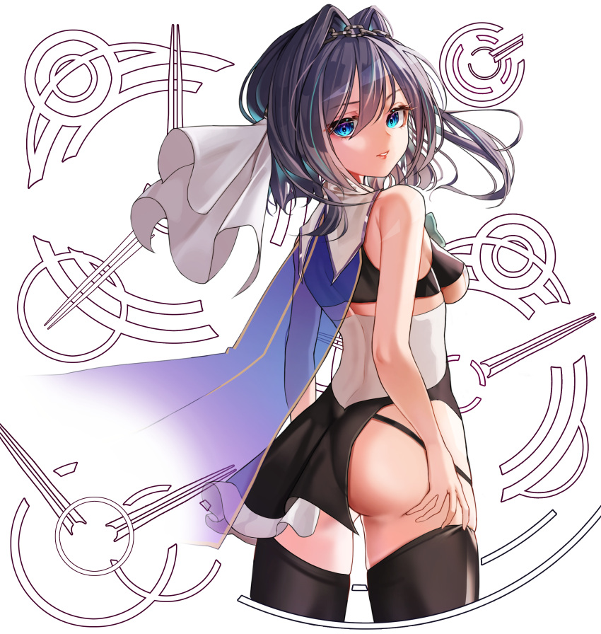 1girl absurdres ass ass_grab backboob bangs bare_arms black_hair black_legwear black_skirt blue_cape blue_eyes blue_hair breasts cape chessy eyebrows_visible_through_hair floating_hair from_behind grabbing_own_ass hair_between_eyes hair_intakes head_chain highres hololive hololive_english looking_at_viewer looking_back medium_breasts multicolored_hair ouro_kronii parted_lips skirt solo streaked_hair thigh-highs virtual_youtuber white_background