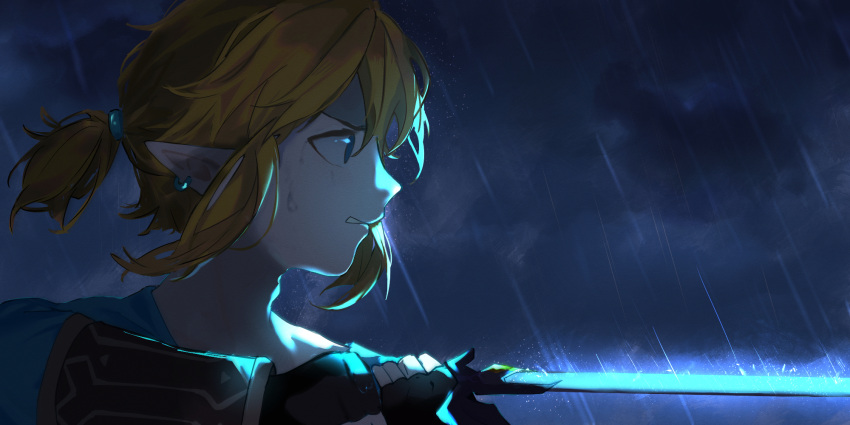 1boy blonde_hair blue_eyes chinese_commentary clouds cloudy_sky fingerless_gloves gloves glowing highres link looking_ahead male_focus master_sword outdoors parted_lips pointy_ears pointy_nose rain shaded_face short_hair sky solo the_legend_of_zelda the_legend_of_zelda:_breath_of_the_wild tied_hair upper_body user_uvsc3454