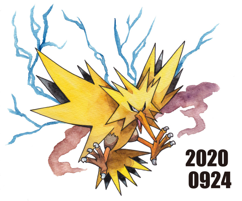 dated electricity harinezumi_(hedgehog_25) highres no_humans open_mouth painting_(medium) pokemon pokemon_(creature) simple_background traditional_media watercolor_(medium) white_background zapdos