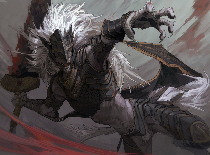 1boy absurdres armor attack breastplate cape claws elden_ring fangs furry furry_male greaves highres holding holding_sword holding_weapon kunaru_(799865444232548352) long_hair male_focus maliketh_the_black_blade open_mouth solo sword weapon white_hair