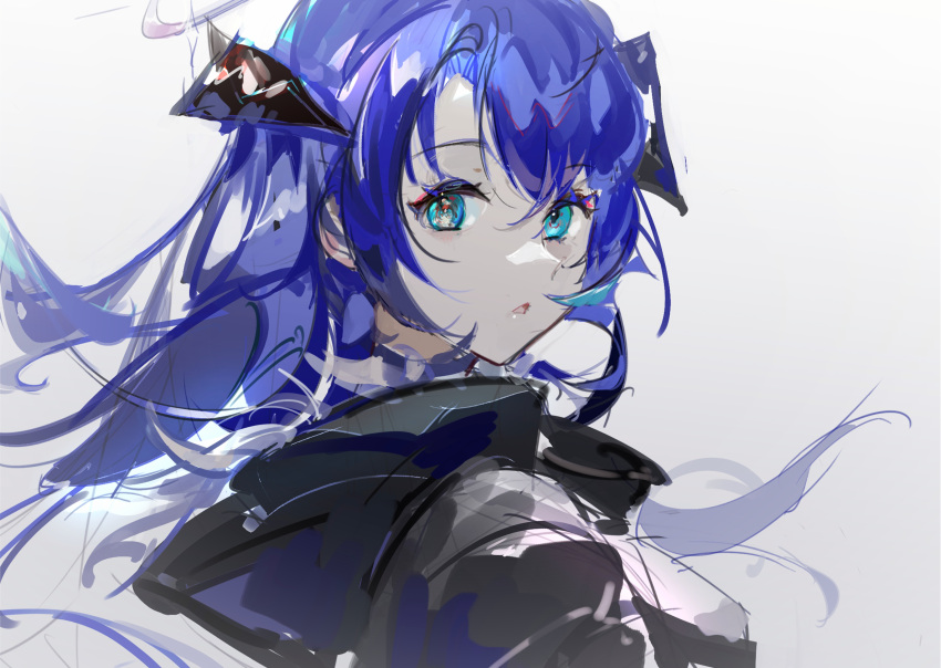 1girl :o absurdres arknights bangs black_coat blue_eyes blue_hair coat demon_tail eyebrows_visible_through_hair from_side halo highres hood hood_down hooded_coat long_hair looking_at_viewer looking_to_the_side mostima_(arknights) open_mouth qianzhu simple_background solo tail upper_body very_long_hair white_background