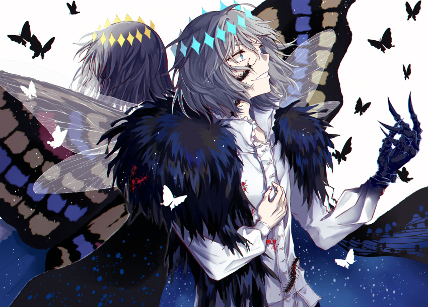 1boy absurdres arthropod_boy bangs blue_cape blue_eyes bug butterfly butterfly_wings cape crown diamond_hairband empty_(empty029) fate/grand_order fate_(series) fur-trimmed_cape fur_trim highres insect_wings long_sleeves medium_hair oberon_(fate) shirt short_hair smile solo white_background white_hair white_shirt wings