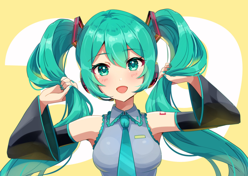 1girl 39 aqua_eyes aqua_hair aqua_nails aqua_necktie blush breasts bunching_hair collared_shirt detached_sleeves eyebrows_visible_through_hair hair_between_eyes hands_up hatsune_miku headset highres holding holding_hair lace-trimmed_shirt lace_trim leaning_to_the_side long_hair looking_at_viewer necktie open_mouth sakura_ran shirt simple_background sleeveless sleeveless_shirt smile twintails upper_body very_long_hair vocaloid wide_sleeves