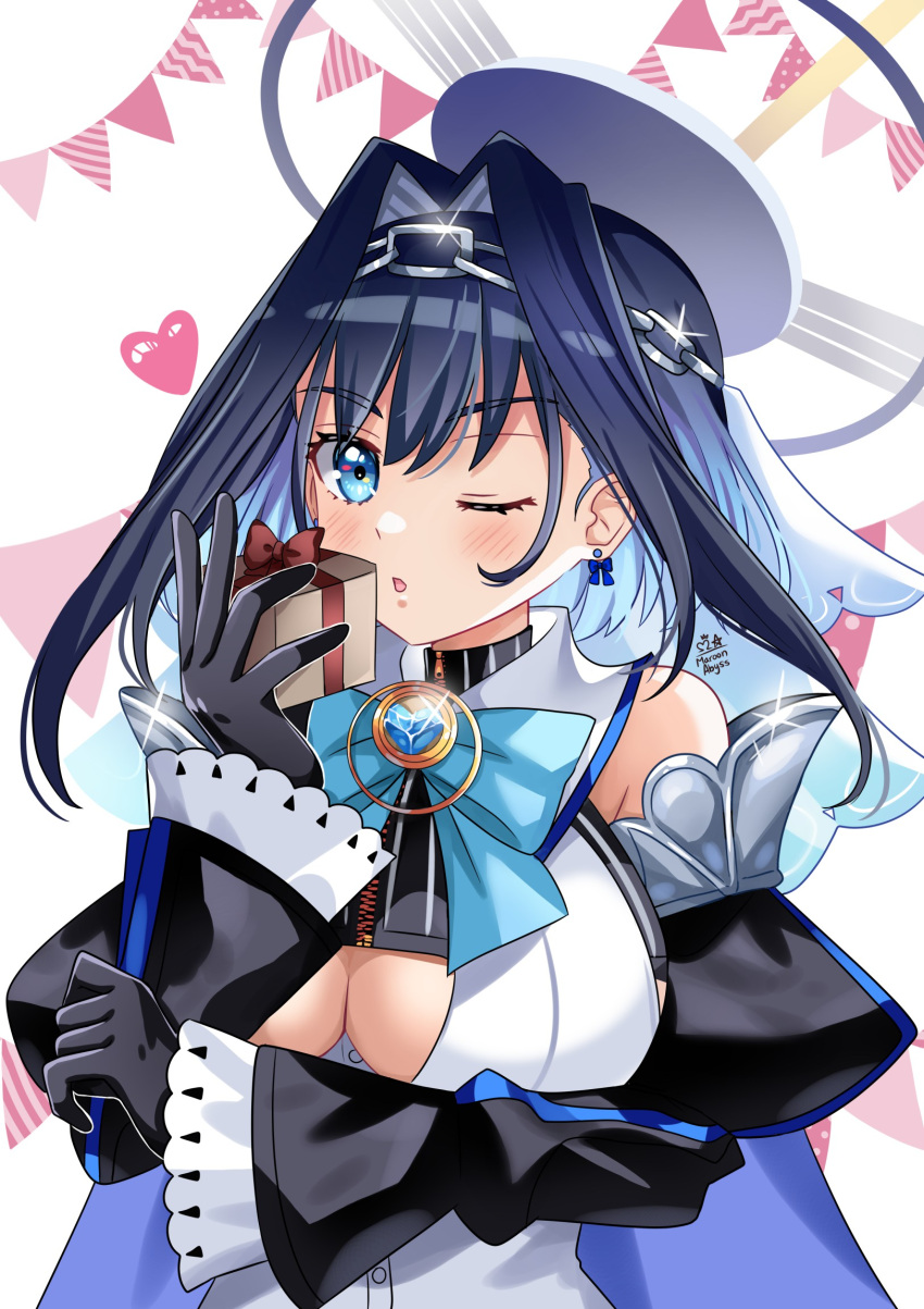 birthday black_gloves blue_cape blue_hair blue_ribbon bow bow_earrings box breasts cape chain cleavage_cutout clothing_cutout detached_sleeves earrings gift gift_box gloves hair_intakes halo head_chain headband heart-shaped_gem highres holding holding_gift hololive hololive_english jewelry large_breasts looking_at_viewer maroonabyss mechanical_halo one_eye_closed ouro_kronii ribbon ribbon_earrings sailor_collar shirt short_hair sleeveless sleeveless_shirt sweater turtleneck turtleneck_sweater under_boob underboob_cutout veil virtual_youtuber zipper