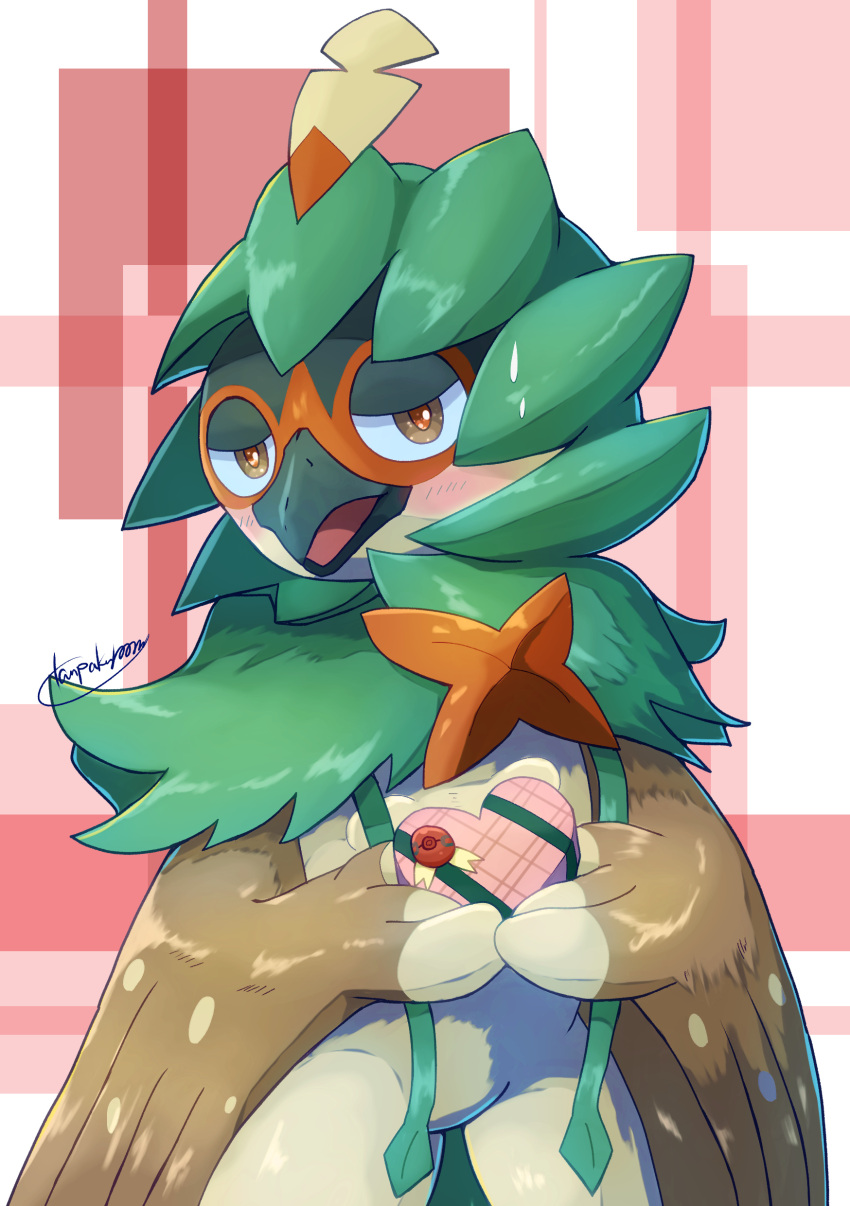 absurdres animal_focus bird blush box brown_eyes commentary_request decidueye gift half-closed_eyes heart-shaped_box highres holding holding_gift looking_at_viewer no_humans open_mouth owl pokemon pokemon_(creature) signature solo tanpakuroom