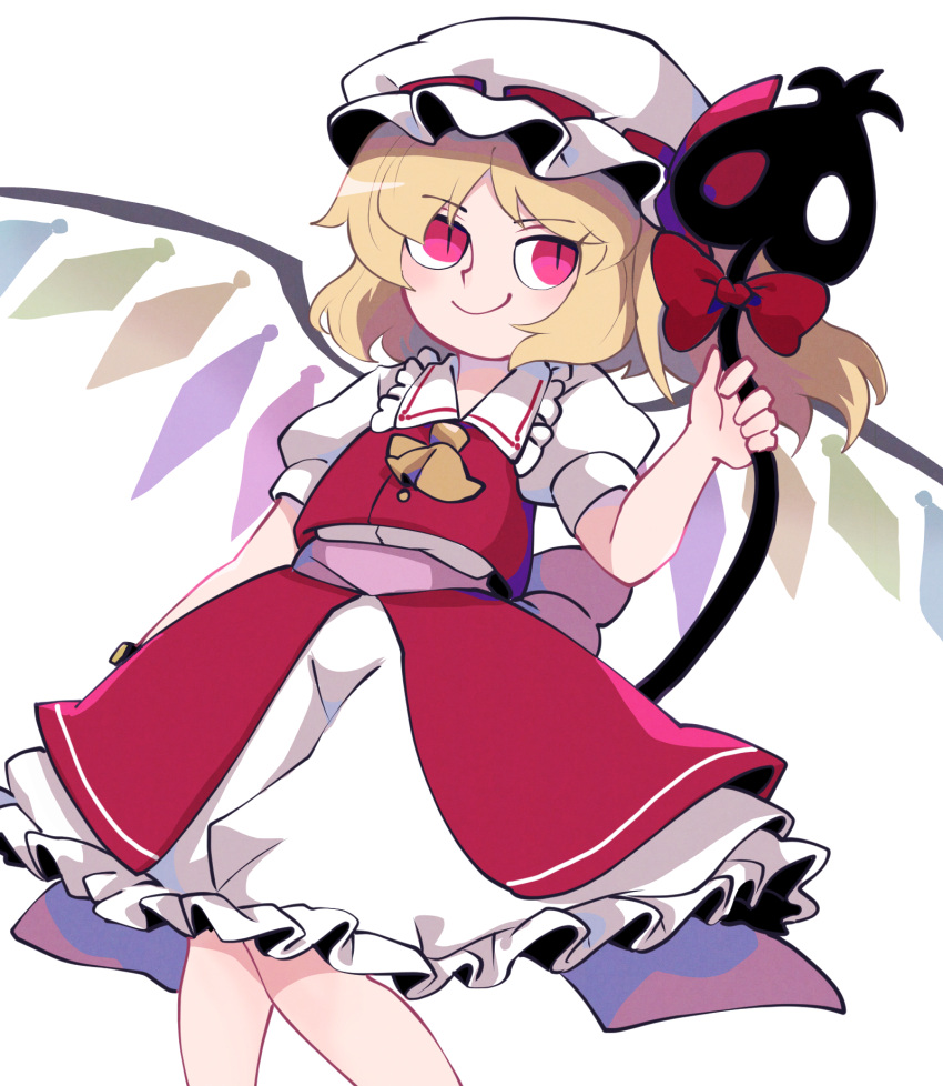 1girl ascot bangs belt blonde_hair bow closed_mouth collar collared_shirt crystal eyebrows_visible_through_hair flandre_scarlet front_slit hand_up hat hat_ribbon highres iganashi1 jewelry looking_to_the_side mob_cap multicolored_wings one_side_up overskirt pink_belt pink_bow pink_eyes polearm puffy_short_sleeves puffy_sleeves red_bow red_eyes red_ribbon red_skirt red_vest ribbon shirt short_hair short_sleeves simple_background skirt smile solo spear standing touhou touhou_gouyoku_ibun vest weapon white_background white_headwear white_shirt white_skirt wings yellow_ascot