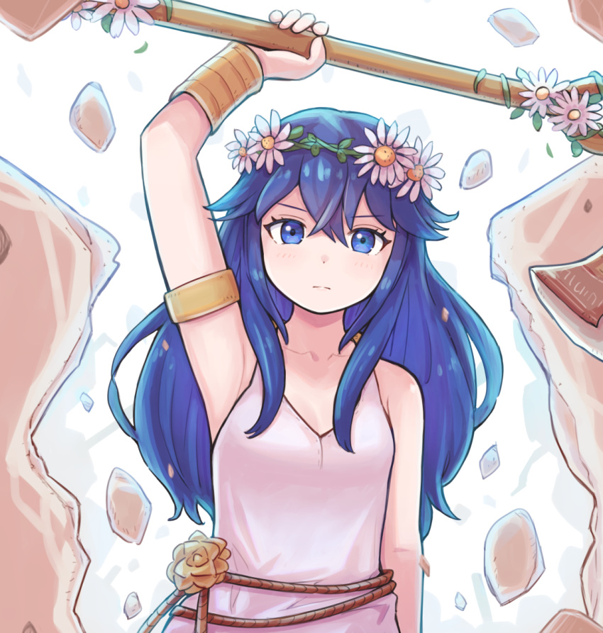 1girl arm_up axe bangs bare_shoulders basket battle_axe blue_eyes blue_hair boulder bracelet breasts closed_mouth dress fire_emblem fire_emblem_awakening fire_emblem_heroes flower hair_ornament highres holding holding_weapon intelligent_systems jewelry kutabireta_neko long_hair looking_at_viewer lucina_(fire_emblem) moe nintendo official_alternate_costume pebble rock simple_background sleeveless sleeveless_dress small_breasts solo standing super_smash_bros. weapon white_background white_dress