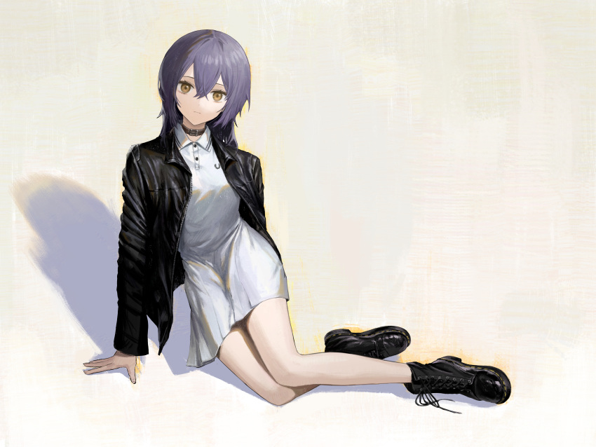 1girl absurdres black_footwear black_jacket boots brown_eyes closed_mouth collar commentary dress full_body highres jacket leather leather_jacket long_sleeves looking_at_viewer original purple_hair reclining shadow short_dress short_hair solo subfiction white_dress