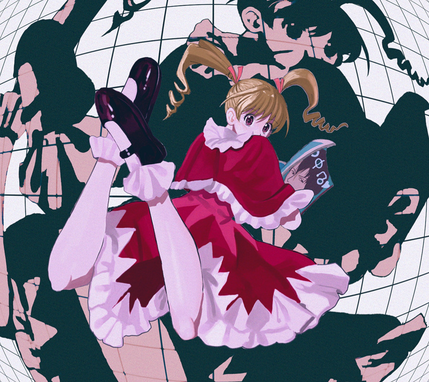 1girl biscuit_krueger blonde_hair capelet dress drill_hair frilled_dress frills highres hunter_x_hunter looking_at_viewer looking_back lying miko_hxh on_stomach reading ribbon solo twin_drills
