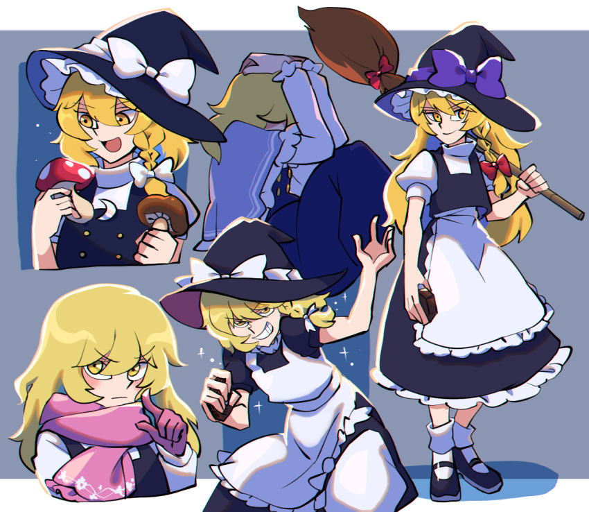 1girl bangs black_skirt black_vest blonde_hair blue_capelet blush braid broom capelet crescent crescent_pin depressed eyebrows_visible_through_hair grin hair_between_eyes hair_ribbon hands_on_own_head hat iganashi1 kirisame_marisa long_hair long_sleeves mini-hakkero multiple_views mushroom open_mouth pink_scarf puffy_short_sleeves puffy_sleeves red_ribbon ribbon scarf shirt short_sleeves skirt smile touhou vest white_shirt witch_hat yellow_eyes