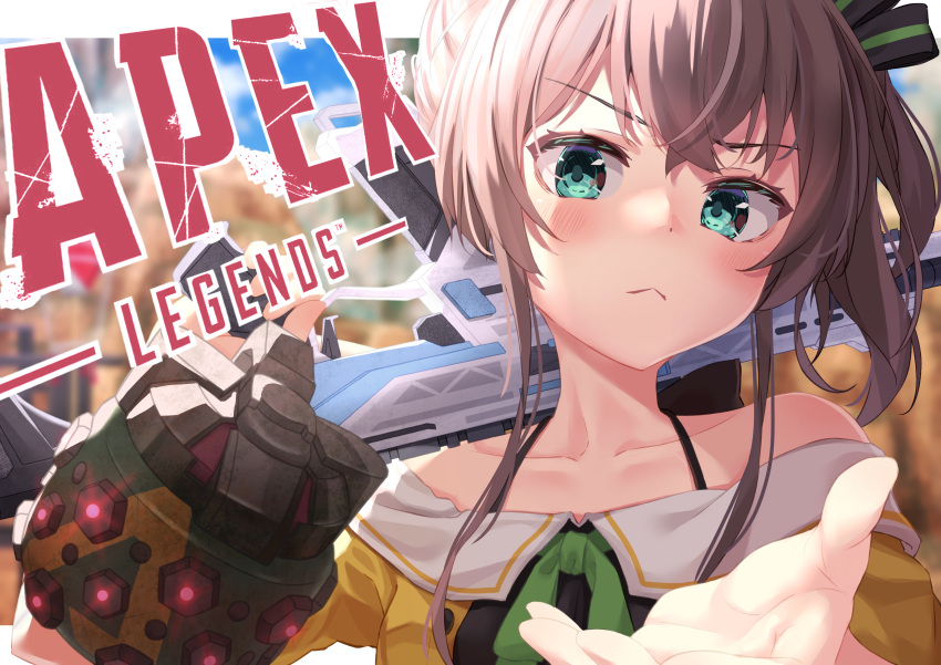 1girl absurdres apex_legends assault_rifle blue_eyes blush brown_hair clouds collarbone copyright_name explosive eyebrows_visible_through_hair frown grenade gun head_tilt highres holding holding_gun holding_weapon hololive jacket kings_canyon logo looking_at_viewer natsuiro_matsuri off-shoulder_jacket off_shoulder open_hand over_shoulder r-301_carbine rifle sky solo starkamisan v-shaped_eyebrows virtual_youtuber weapon weapon_over_shoulder yellow_jacket