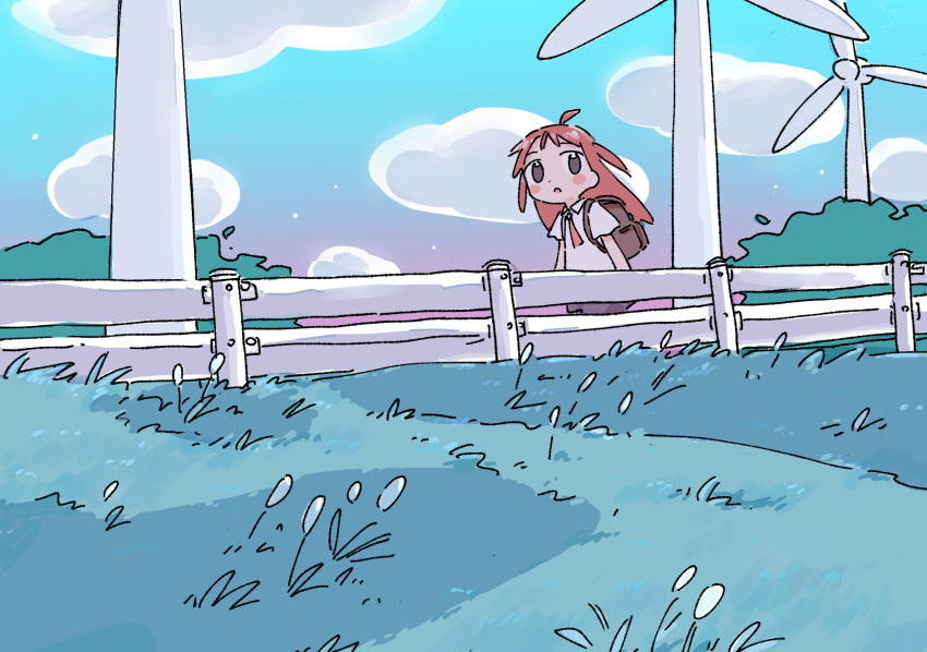 1girl 1nupool :o ahoge backpack bag blush_stickers clouds grass highres long_hair necktie original outdoors railing redhead school_uniform sky solo two_side_up wind_turbine