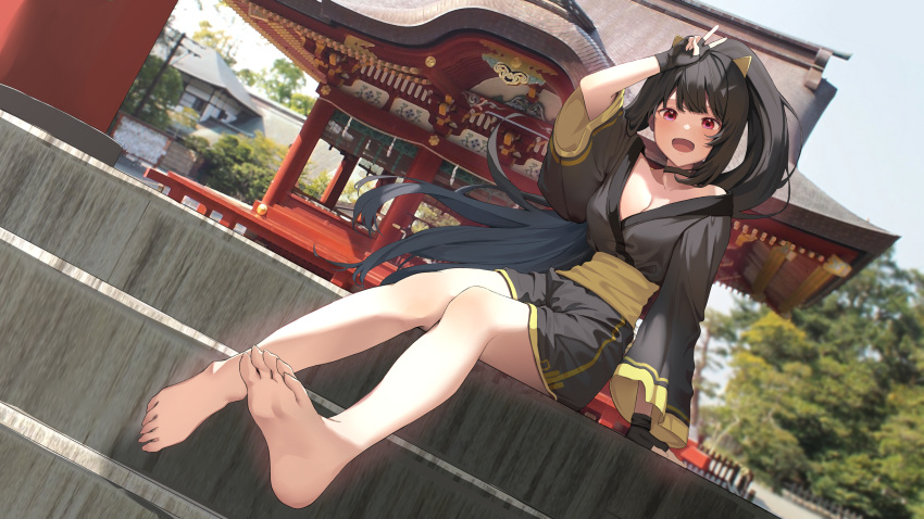 1girl absurdres bare_legs barefoot black_hair cat_ear_hairband character_request choker dutch_angle fingerless_gloves forest gloves highres japanese_clothes kimono long_hair looking_at_viewer nature open_mouth paso_neko photo_background ponytail red_eyes short_kimono shrine sitting soles source_request stairs tied_hair v