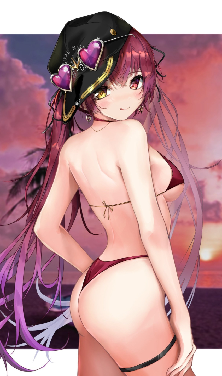 1girl ass back backwards_hat bangs bare_shoulders bikini black_headwear blurry blurry_background breasts closed_mouth earrings eyebrows_visible_through_hair eyewear_on_headwear hair_ribbon hat heart heart-shaped_eyewear heterochromia highres hololive houshou_marine jewelry large_breasts letterboxed long_hair looking_at_viewer looking_back no_jacket outdoors plaid red_bikini red_eyes redhead ribbon rudo_(rudorudo0917) sideboob smile solo sunset swimsuit thigh_strap thighs tongue tongue_out twintails virtual_youtuber yellow_eyes